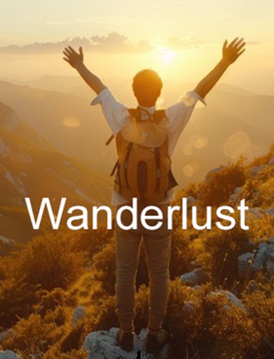 Mann steht auf einem Berg in Wanderklediung und einem Rucksack und hält die Arme hoch, der Sonne entgegen, es ist ein schöner Sonnenuntergang, auf dem Bild steht Wanderlust