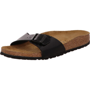Birkenstock Madrid schwarz glänzend eine Schnalle mit schwarze Öse und braunem Fußbett