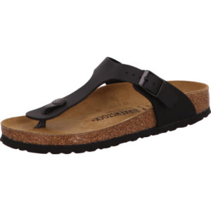 Birkenstock Giseh Zehenschuh Farbe schwarz mit schwarzer Schnalle und braunem Fußbett