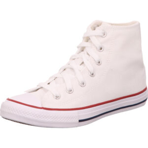 Converse Chuck Taylor All Star Hi in der Farbe weiß und weißer Sohle mit rotem und blauem Streifen.