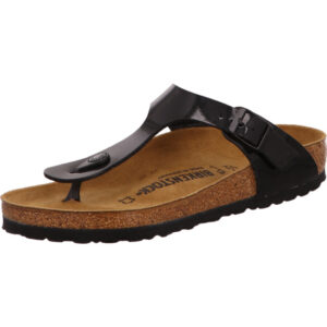 Birkenstock Giseh Zehenschuh schwarz lack mit braunem Fußbett