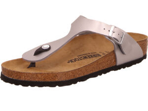 Birkenstock Giseh Zehenschuh bronze farben mit silber Schnalle und braunem Fußbett