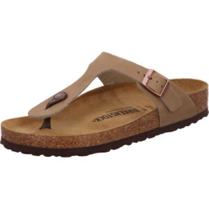 Birkenstock Giseh zehenschuh Farbe braun mit bonzefarbener Schnalle und braunem Fußbett