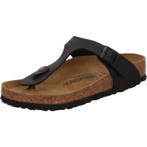 Birkenstock Giseh Zehenschuh Farbe schwarz Material Birkoflor  mit schwarzer Schnalle und braunem Fußbett