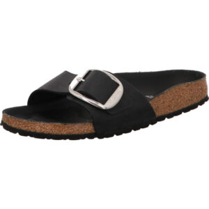 Birkenstock Madrid Big Buckle schwarz eine große Schnalle mit silberner Öse und schwarzem Fußbett