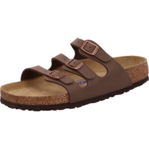 Birkenstock Florida Pantolette mit drei Schnallen Farbe mocca und bronzenen Ösen