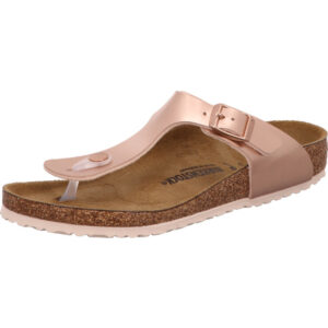 Birkenstock Giseh Kinder Zehenschuh Farbe metallic und silberner Schnalle und braunem Fußbett