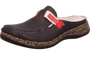 Rieker Damen Clogs blau mit Naht vorne einem Klette in weiß rot und gesprengelter Sohle