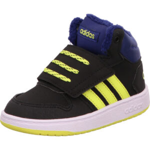 Adidas Hoops 2.0 Kindersneaker schwarz mit gelben Streifen gefüttert und heller Sohle