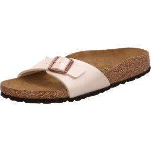 Birkenstock Madrid weiß Birkoflor eine Schnalle mit bronzenenrÖse und braunem Fußbett