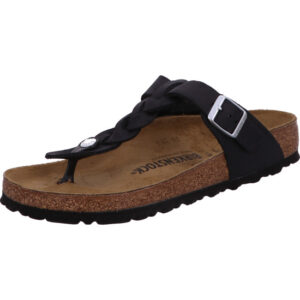 Birkenstock Giseh Zehenschuh Farbe schwarz mit geflechtetem Steg und mit silberfarbener Schnalle und braunem Fußbett