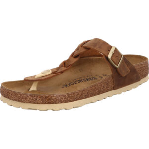 Birkenstock Giseh Zehenschuh Farbe braun mit geflechtetem Steg und  mit silberfarbener Schnalle und braunem Fußbett