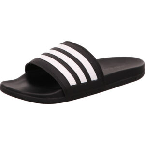 Adidas Adilette comfort schwarz mit weißen Streifen und weichem Fußbett
