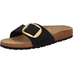 Birkenstock Madrid Big Buckle schwarz eine große Schnalle mit goldener Öse und braunem Fußbett