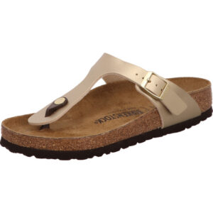 Birkenstock Giseh Zehenschuh Farbe gold mit goldener farbener Schnalle und braunem Fußbett