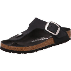 Birkenstock Giseh Big Buckle Zehenschuh Farbe silber mit silberfarbener Schnalle und großer Schnalle und schwarzem  Fußbett