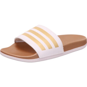 Adidas Adilette comfort weiße Banderole mit goldenen Streifen und dunklem weichem Fußbett