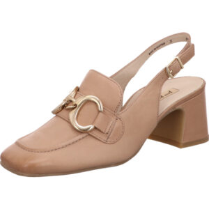 Paul Green Sling Pumps beige hinten offen mit goldener Schnalle vorne und Blockabsatz
