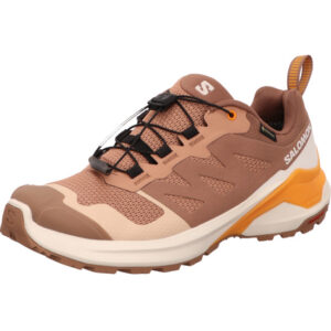 Salomon X-Adventure GTX W Damen Trailrunningschuh in  der Farbe dunkel und hellrose mit beige und heller Sohle und Zippverschluß