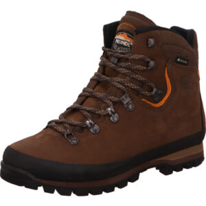 Meindl Paradiso herren hoher Wanderschuh mit braunem robustem Leder mit orange und schwarzem Gürtelrand