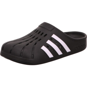 Adidas Badeclogs in schwarz mit weißen Streifen