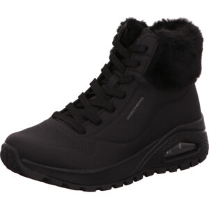 Skechers Uno Damen Winterschuh hoch mit fell komplett shcwarz und offener Dämpfung