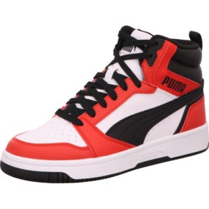 Puma Rebound V6 Mid Jr. Kinder hoher Sneaker in weiß  rot mit schwarzem Puma Streifen und Logo und weißer Sohle