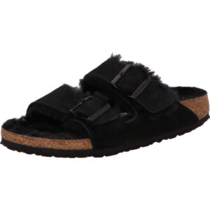 Birkenstock Arizona Shearling zwei Dornschnallen schwarz velourleder innen mit Fell