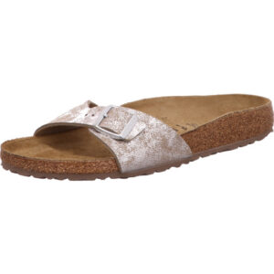 Birkenstock Madrid metallic eine Schnalle mit silberner Öse und braunem Fußbett