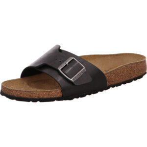 Birkenstock Catalina Pantolette schwarz Material Birkoflor mit silberner Schnalle