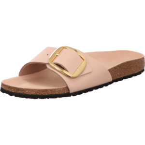 Birkenstock Madrid Big Buckle beige eine große Schnalle mit goldener Öse und hellem Fußbett