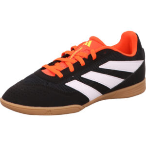 Adidas Predator Indoor Fußballschuh schwarz mit rot und weißen Streifen und Gumsohle