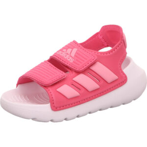 Adidas Kinder Badeschuh rosa mit zwei Klett und hinten einen Steg mit drei hel pinkfarbenen Streifen und Adidas Logo pink