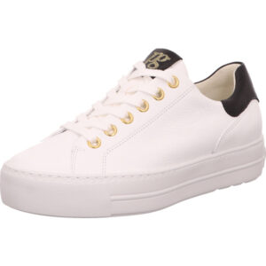 Paul Green Damen Sneaker komplett weiß hinten schwarz mit goldenen Ösen und Plateau