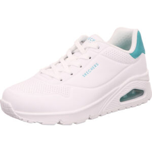 Skechers Uno pop back Damen halbschuh mit offener Dämpfung weiß mit türkis