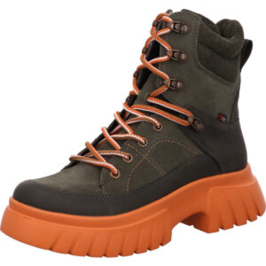 rieker Montenegro Damen Winterschuh hoch khaki mit orange Schnürsenkel und Sohle
