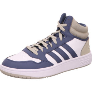 Adidas Hoops 3.0 Mid Basket Sneaker weiß mit blauen Streifen und heller Sohle