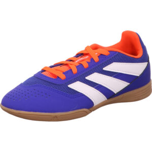 Adidas Predator indoor Fußballschuh blau mit rot und weißen Streifen und Gumsohle