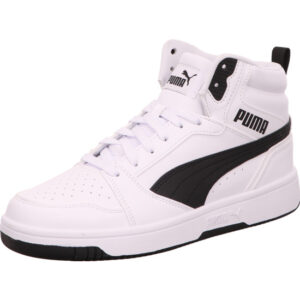 Puma Rebound V6 hoher Sneaker in weiß  mit schwarzem Puma Streifen und Logo und weißer Sohle