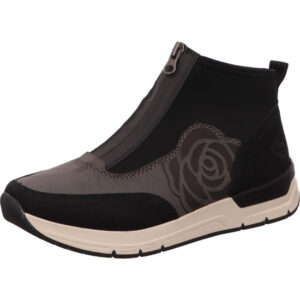 Rieker stiefelette mit reißverschluß schwarz und grau mit rosenmotiv seitlich