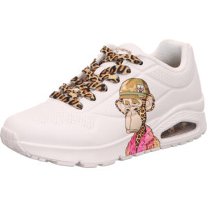 Skechers Uno Damen halbschuh mit offener Dämpfung weiß und einem affen als mit leo Schnürsenkel