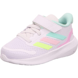 Adidas Runfalcon 5 EL Kindersneaker mit einem Klett weiß mit pink gelb türkis Streifen und heller Sohle