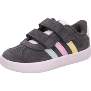 Adidas VL Court 3.0 Kindersneaker dunkelgrau mit grün gelb pink Streifen und weißer Sohle