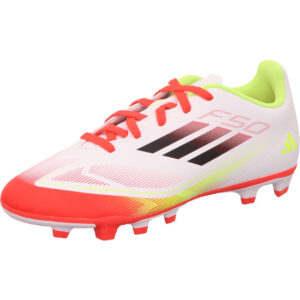 Adidas Kinder Nockenfußballschuh in der Farbe weiß mit rot und gelb und schwarzen Streifen