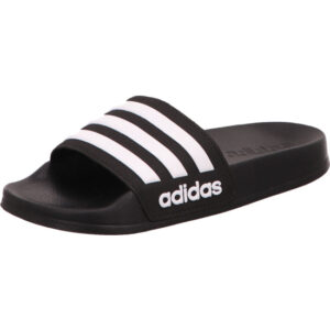 Adidas Kinder Adilette Shower schwarz mit weißen Streifen und seitlich einen Adidas Schriftzug