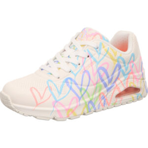 Skechers Uno spread the love Damenhalbschuh mit offener Dämpfung und bunten herzen