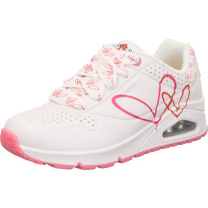 Skechers Uno Damenhalbschuh mit offener Dämpfung weiß mit pink farbenen herzen seitlich