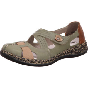 Rieker halboffener Halbschuh mit einem Klett mint un beige und gesprengelter Sohle