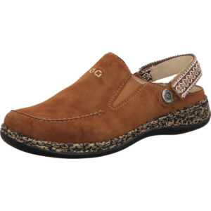 Rieker Damen Clogs hinten mit Riehmen in braun und gesprengelter Sohle