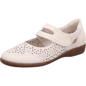 Rieker Damen halbschuh mit löchern und einem klett in weiß mit brauner Sohle